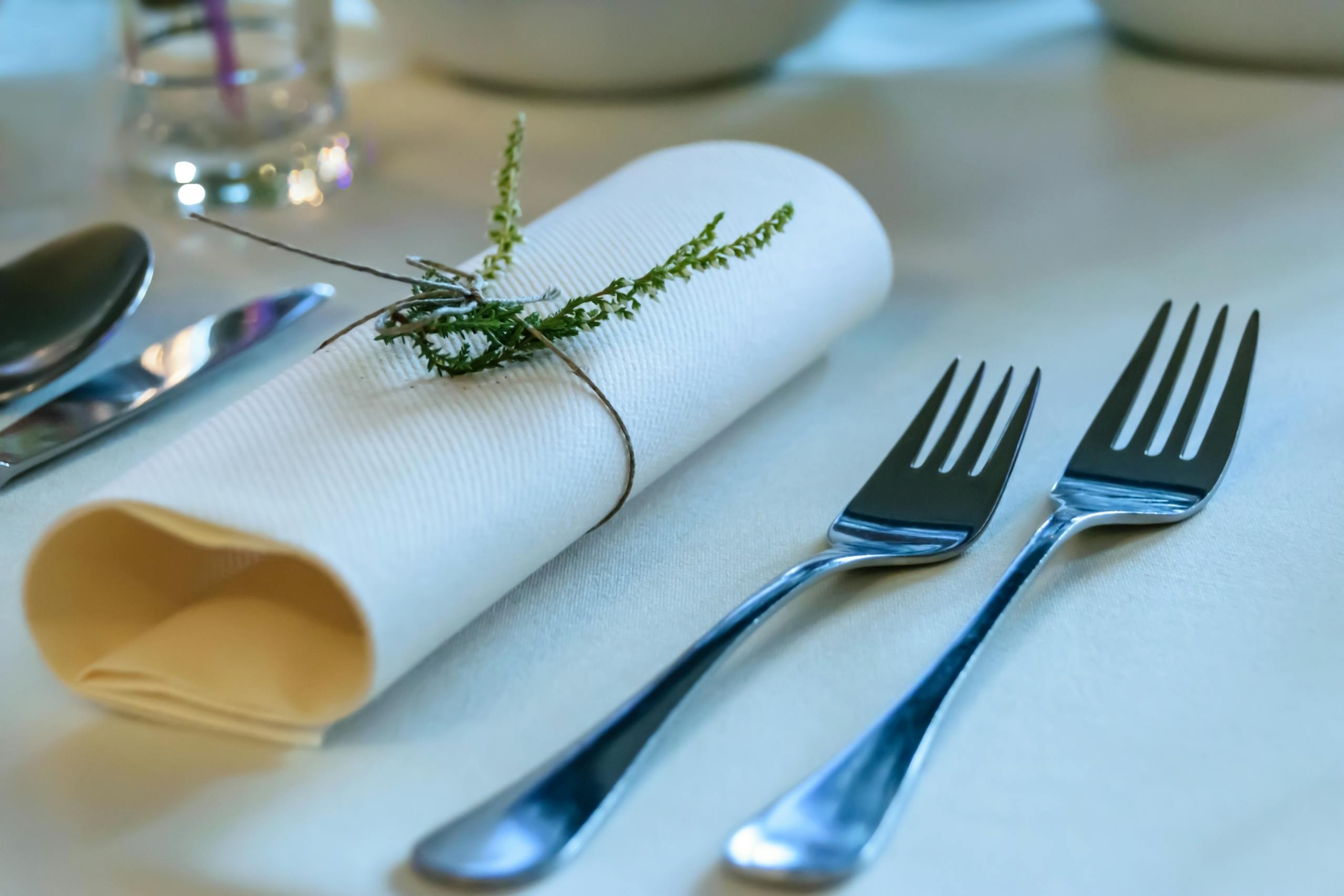Close-up of a sophisticated table setting featuring a rolled napkin adorned with a sprig and polished silverware.
